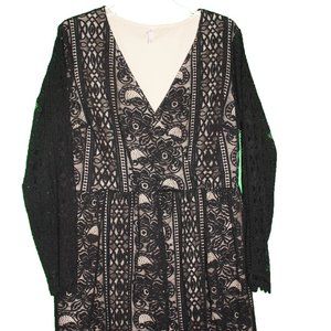 Xhiliration Dress Black Lace Knee Length Lined Long Sleeve V Neck 2X